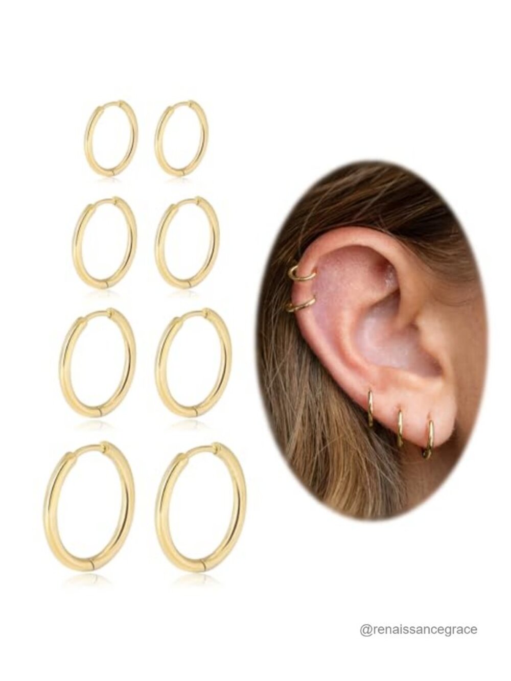 14K Real Gold Plated Thin Huggie Hoop Earrings Set 4 Sizes Hypoallergenic